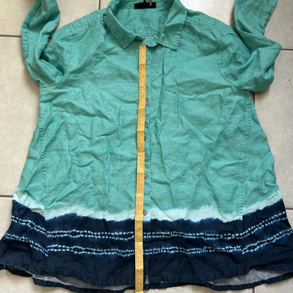 Donna Karan New York Women's Linen Lagenlook Blue Button Up Blouse - Picture 9 of 10